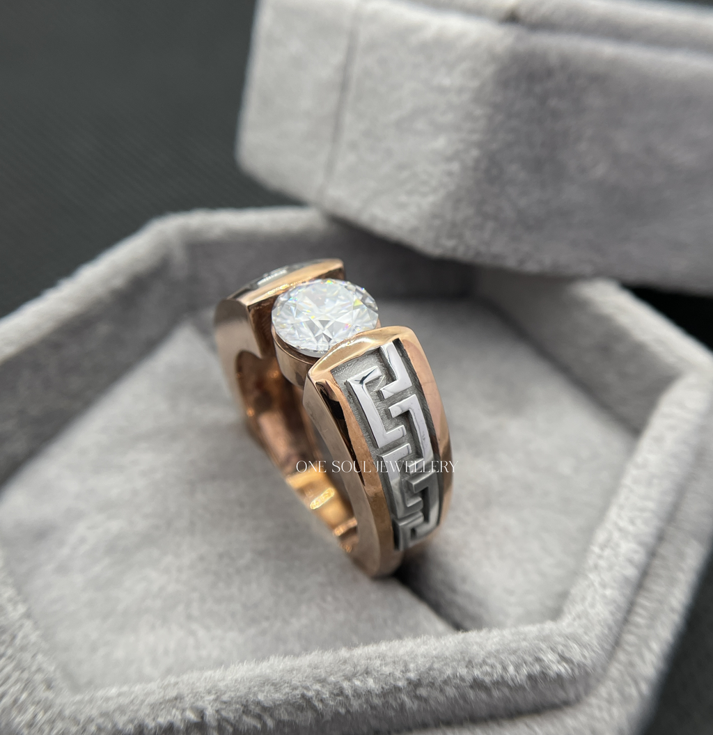 14K rose gold men's engagement ring featuring Greek key meander pattern and 2CT round VVS moissanite solitaire center stone