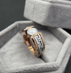 14K rose gold men's engagement ring featuring Greek key meander pattern and 2CT round VVS moissanite solitaire center stone