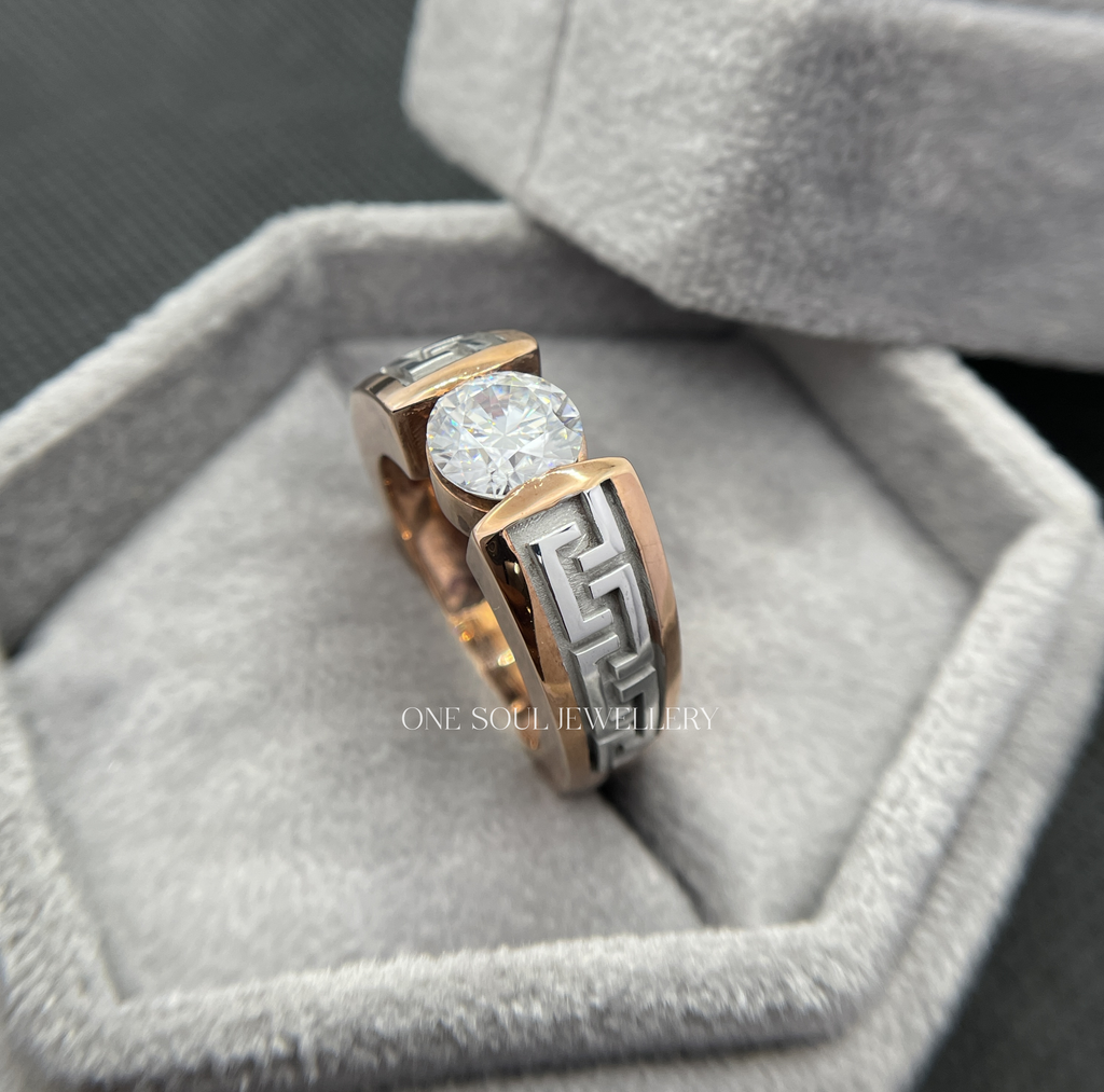 14K rose gold men's engagement ring featuring Greek key meander pattern and 2CT round VVS moissanite solitaire center stone