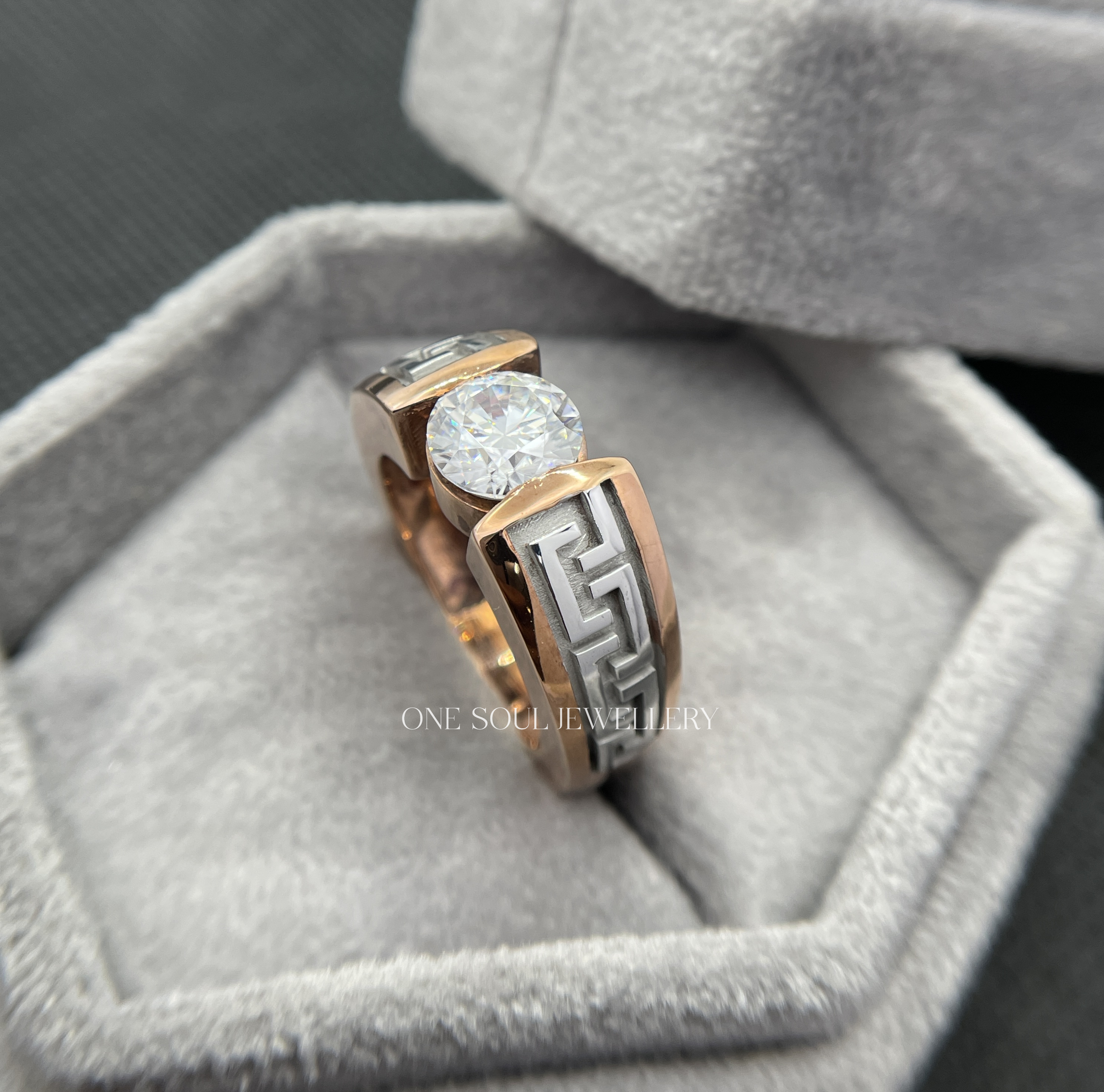 14K rose gold men's engagement ring featuring Greek key meander pattern and 2CT round VVS moissanite solitaire center stone