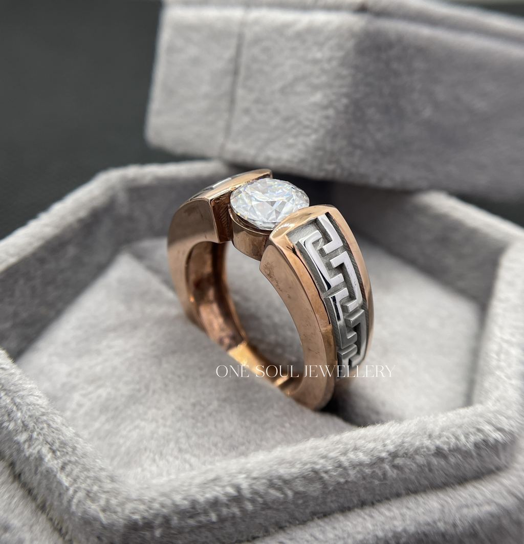 14K rose gold men's engagement ring featuring Greek key meander pattern and 2CT round VVS moissanite solitaire center stone