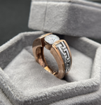 14K rose gold men's engagement ring featuring Greek key meander pattern and 2CT round VVS moissanite solitaire center stone