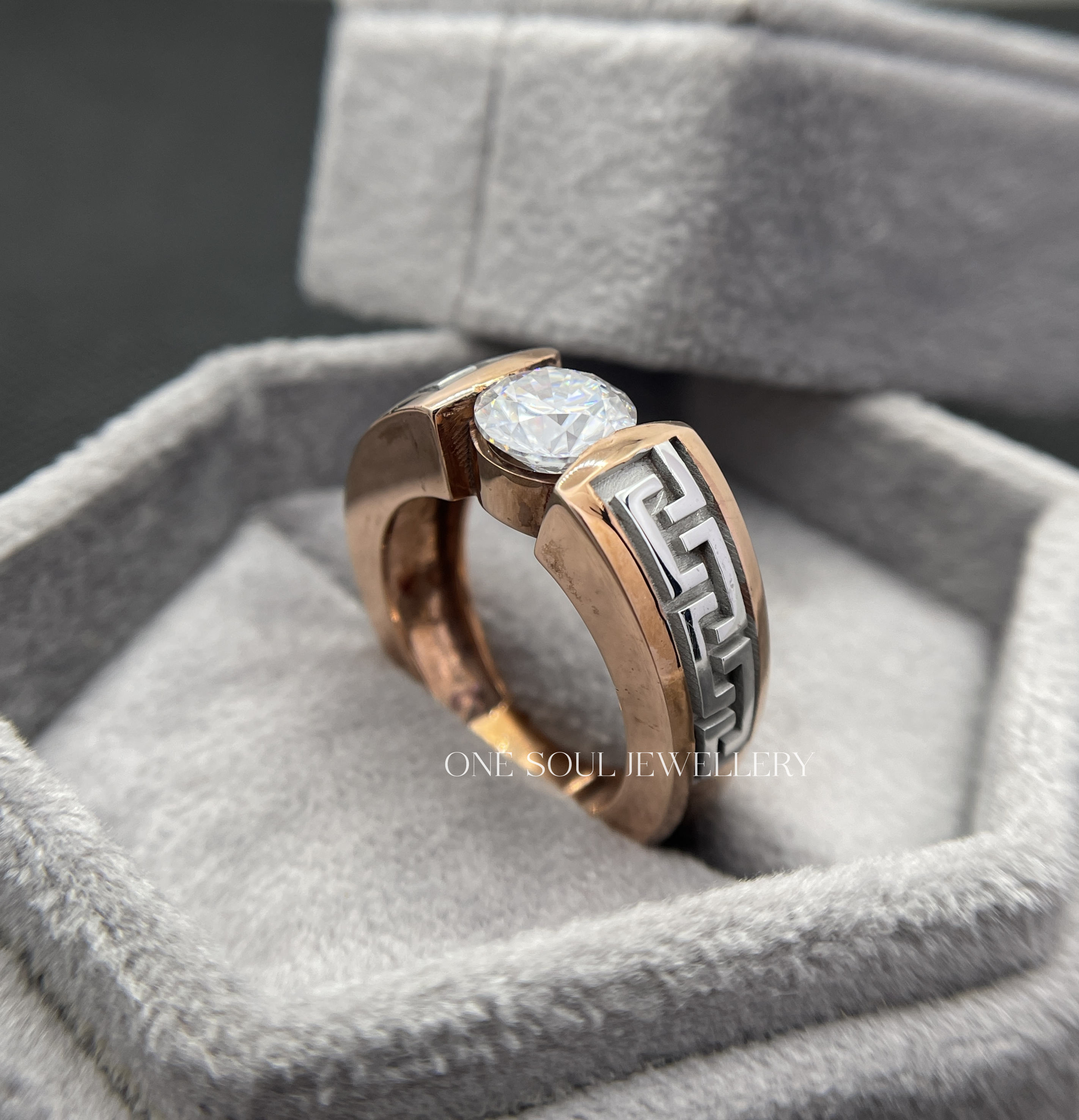 14K rose gold men's engagement ring featuring Greek key meander pattern and 2CT round VVS moissanite solitaire center stone
