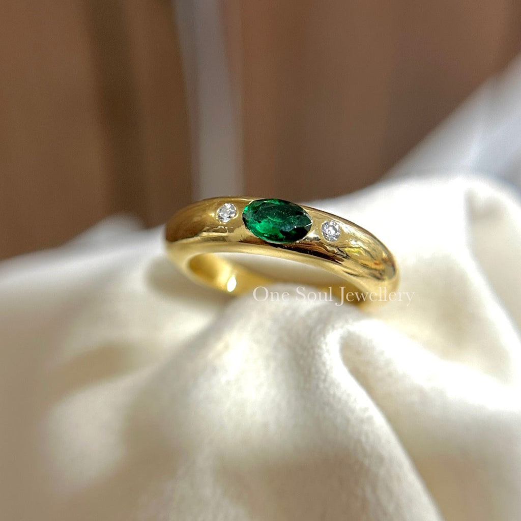 10K Yellow Gold Oval Lab Emerald Ring, Round Moissanite Accent Ring, Flush Set Dome Ring, Three Stone Wedding Ring, Cocktail Donut Ring