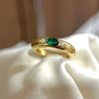 10K Yellow Gold Oval Lab Emerald Ring, Round Moissanite Accent Ring, Flush Set Dome Ring, Three Stone Wedding Ring, Cocktail Donut Ring