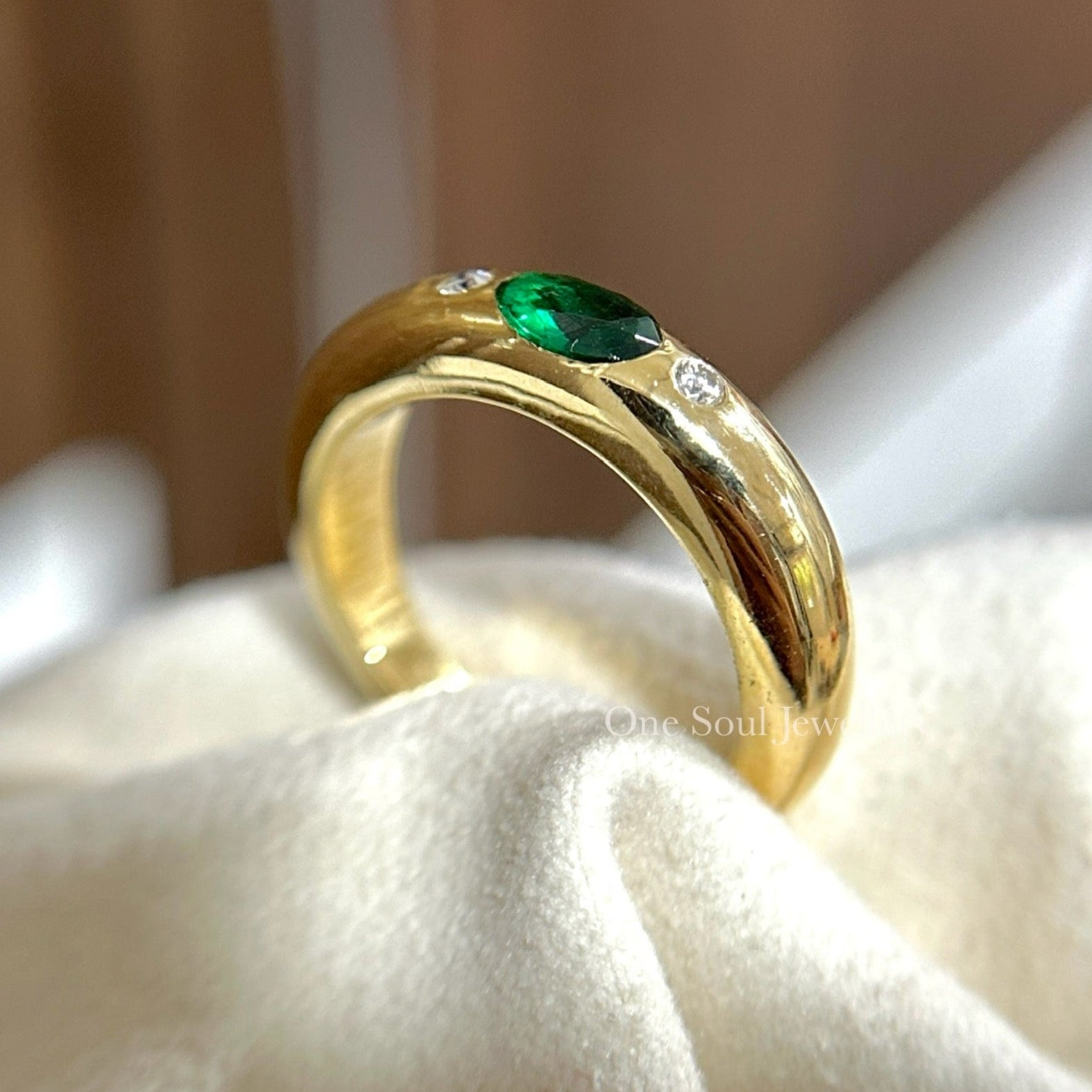10K Yellow Gold Oval Lab Emerald Ring, Round Moissanite Accent Ring, Flush Set Dome Ring, Three Stone Wedding Ring, Cocktail Donut Ring