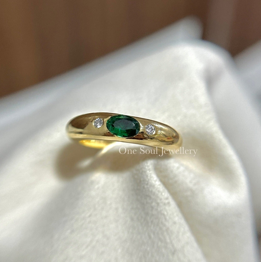 10K Yellow Gold Oval Lab Emerald Ring, Round Moissanite Accent Ring, Flush Set Dome Ring, Three Stone Wedding Ring, Cocktail Donut Ring