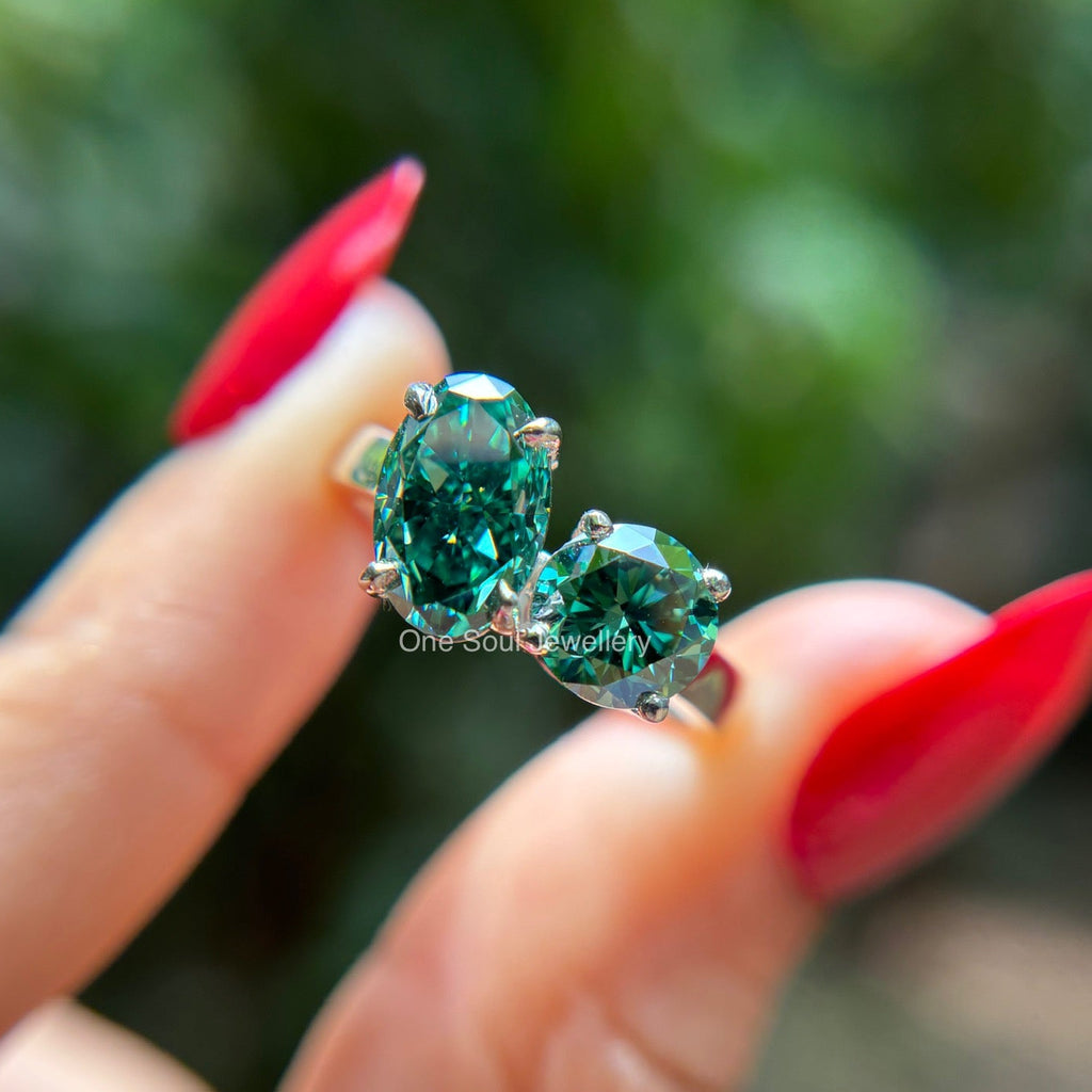 Dark green oval moissanite toi et moi engagement ring in 14K gold