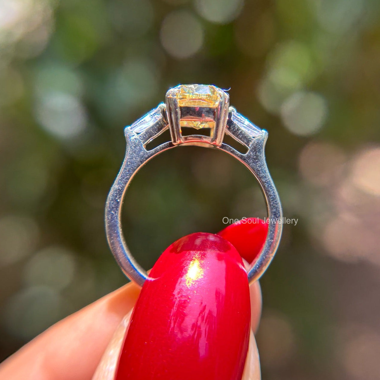 Canary yellow cushion cut moissanite three stone engagement ring in 14K gold