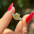 Canary yellow cushion cut moissanite three stone engagement ring in 14K gold