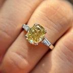 Canary yellow cushion cut moissanite three stone engagement ring in 14K gold