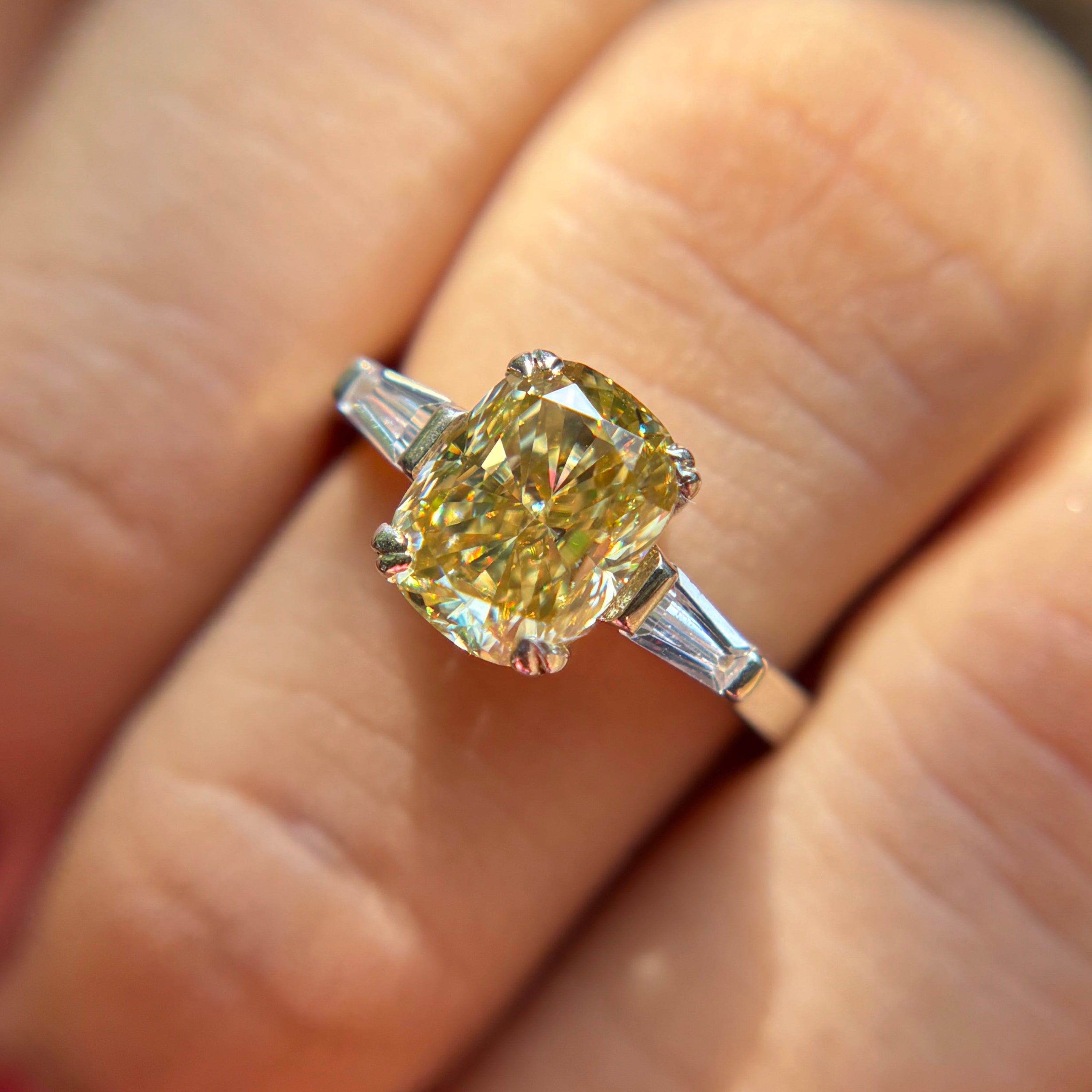 Canary yellow cushion cut moissanite three stone engagement ring in 14K gold