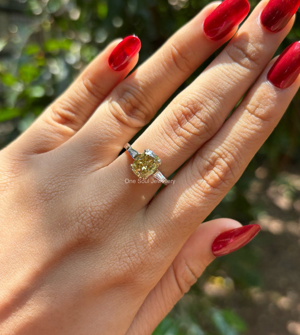Canary yellow cushion cut moissanite three stone engagement ring in 14K gold