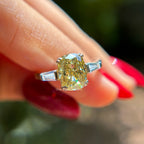 Canary yellow cushion cut moissanite three stone engagement ring in 14K gold