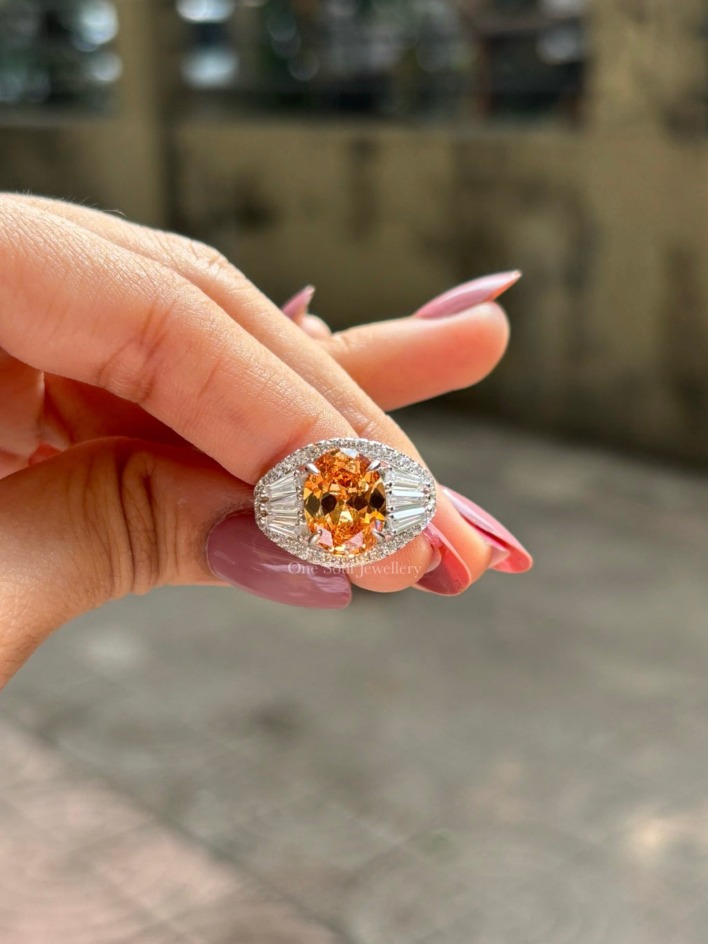 Champagne Oval Cut Moissanite Engagement Ring, Accent Baguette & Round Moissanite, Halo Wedding Ring