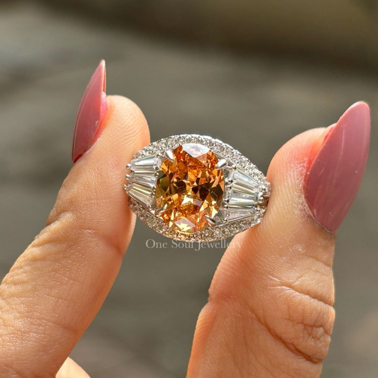 3.50 CT Champagne Oval Cut Moissanite Engagement Ring, Oval Wedding Ring, Cluster Set Halo Ring, Accent Ring, Vintage Bridal Set Ring