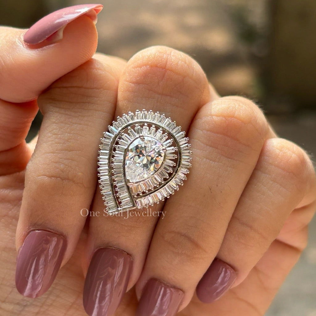 Pear Cut Moissanite Halo Engagement Ring, Cluster Baguette Moissanite, Pave Set Wedding Ring, Cocktail Ring, Anniversary Gifts