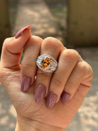 Champagne Oval Cut Moissanite Engagement Ring, Accent Baguette & Round Moissanite, Halo Wedding Ring
