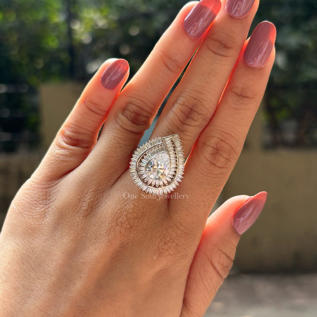 Pear Cut Moissanite Halo Engagement Ring, Cluster Baguette Moissanite, Pave Set Wedding Ring, Cocktail Ring, Anniversary Gifts