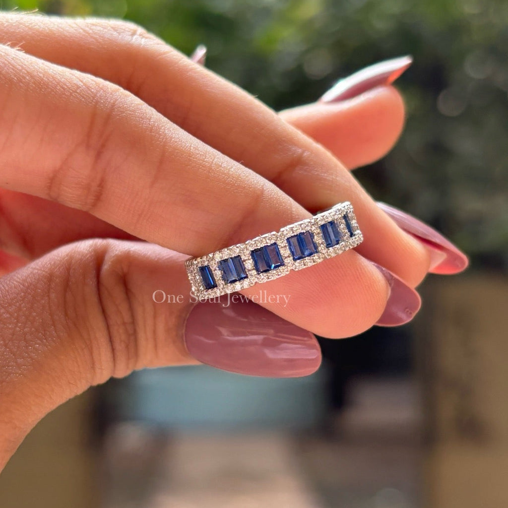 Lab Blue Sapphire Baguette Band, Eternity Wedding Band, Classic Moissanite Stackable Band, Promise Band, Art Deco Band, Anniversary Gifts 