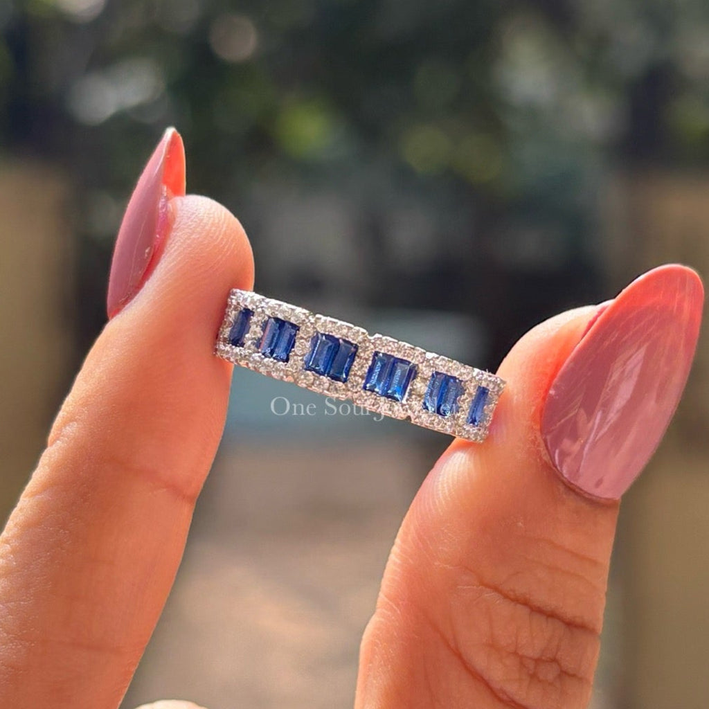 Lab Blue Sapphire Baguette Band, Eternity Wedding Band, Classic Moissanite Stackable Band, Promise Band, Art Deco Band, Anniversary Gifts 