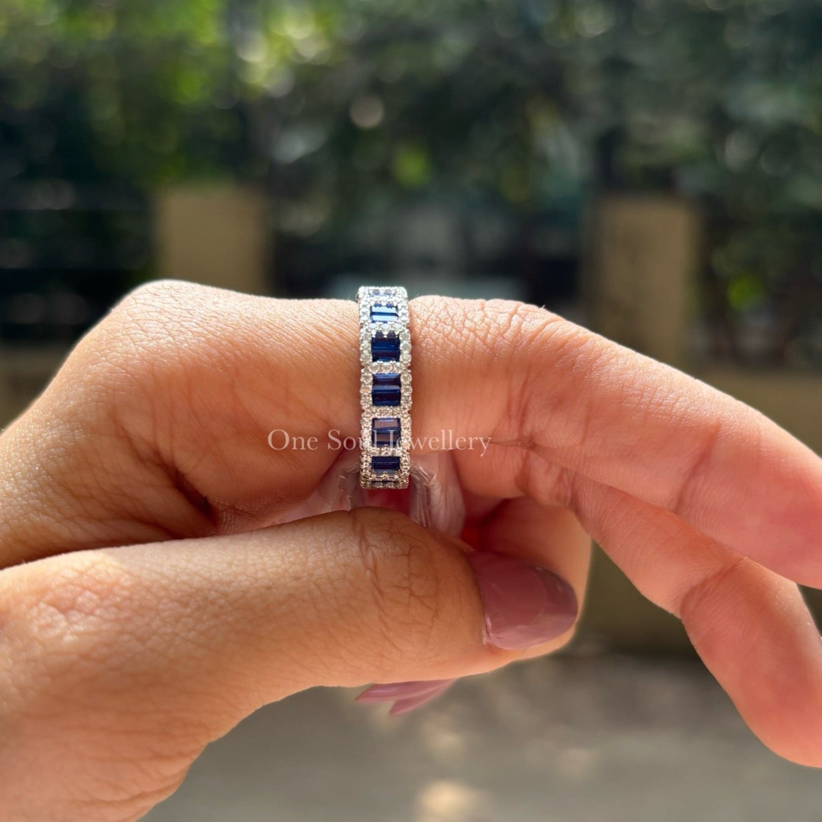 Lab Blue Sapphire Baguette Band, Eternity Wedding Band, Classic Moissanite Stackable Band, Promise Band, Art Deco Band, Anniversary Gifts 