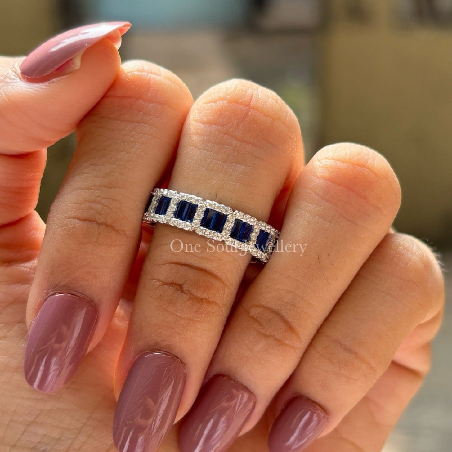 Lab Blue Sapphire Baguette Band, Eternity Wedding Band, Classic Moissanite Stackable Band, Promise Band, Art Deco Band, Anniversary Gifts 