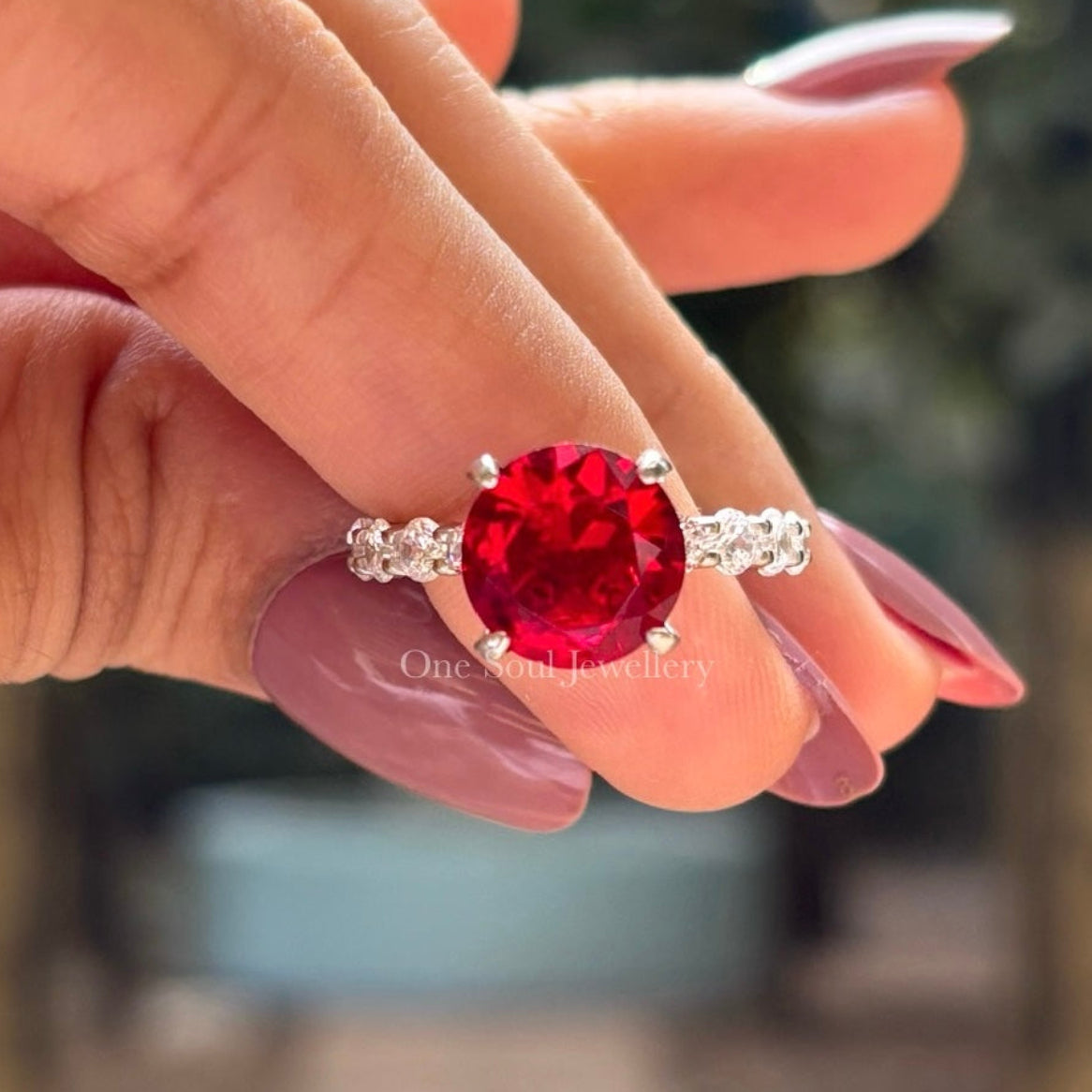 Round Lab Grown Ruby Engagement Ring, Halo Wedding Ring, Solitaire Gemstone Ring, Pave Bubble Band, Ruby Proposal Ring, Ring for Her