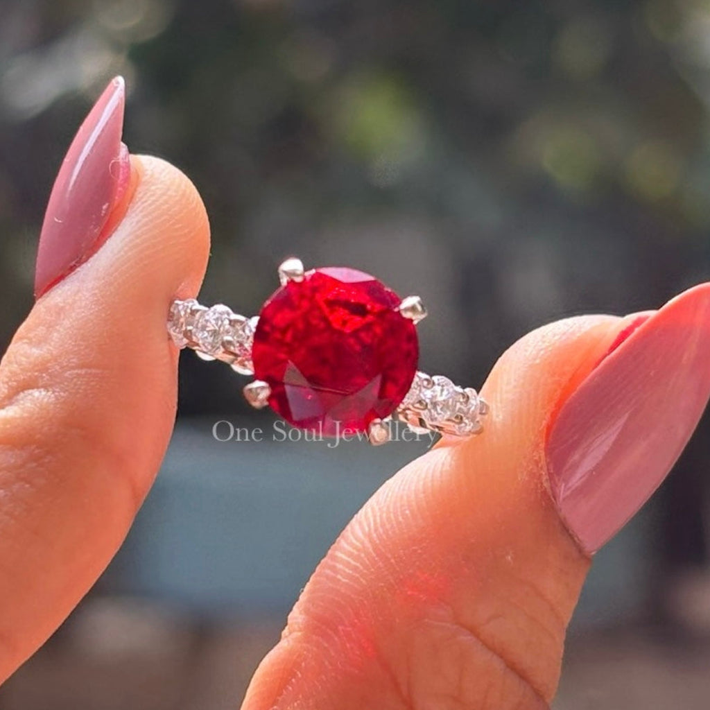 Round Lab Grown Ruby Engagement Ring, Halo Wedding Ring, Solitaire Gemstone Ring, Pave Bubble Band, Ruby Proposal Ring, Ring for Her
