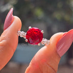 Round Lab Grown Ruby Engagement Ring, Halo Wedding Ring, Solitaire Gemstone Ring, Pave Bubble Band, Ruby Proposal Ring, Ring for Her