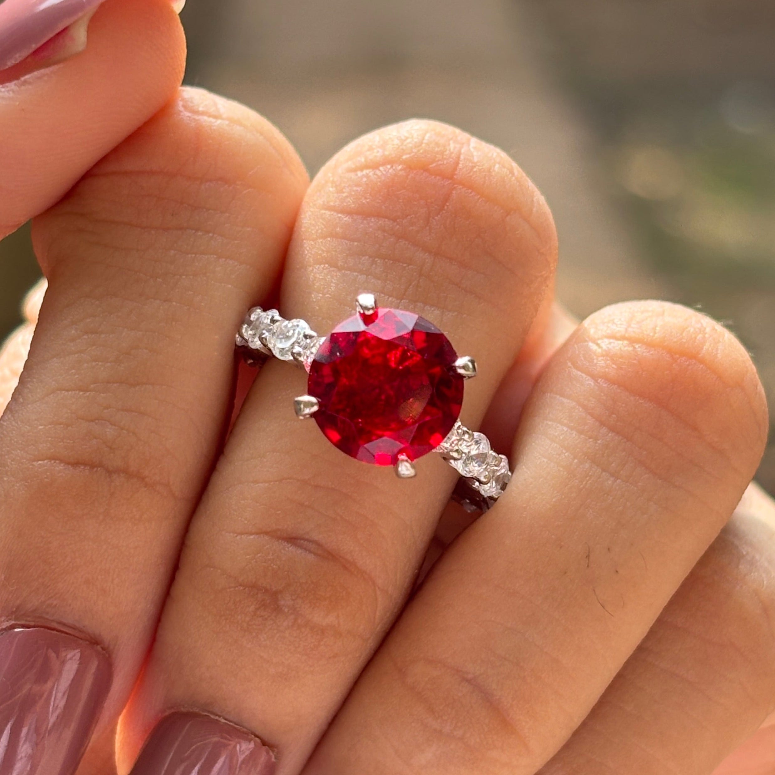 Round Lab Grown Ruby Engagement Ring, Halo Wedding Ring, Solitaire Gemstone Ring, Pave Bubble Band, Ruby Proposal Ring, Ring for Her