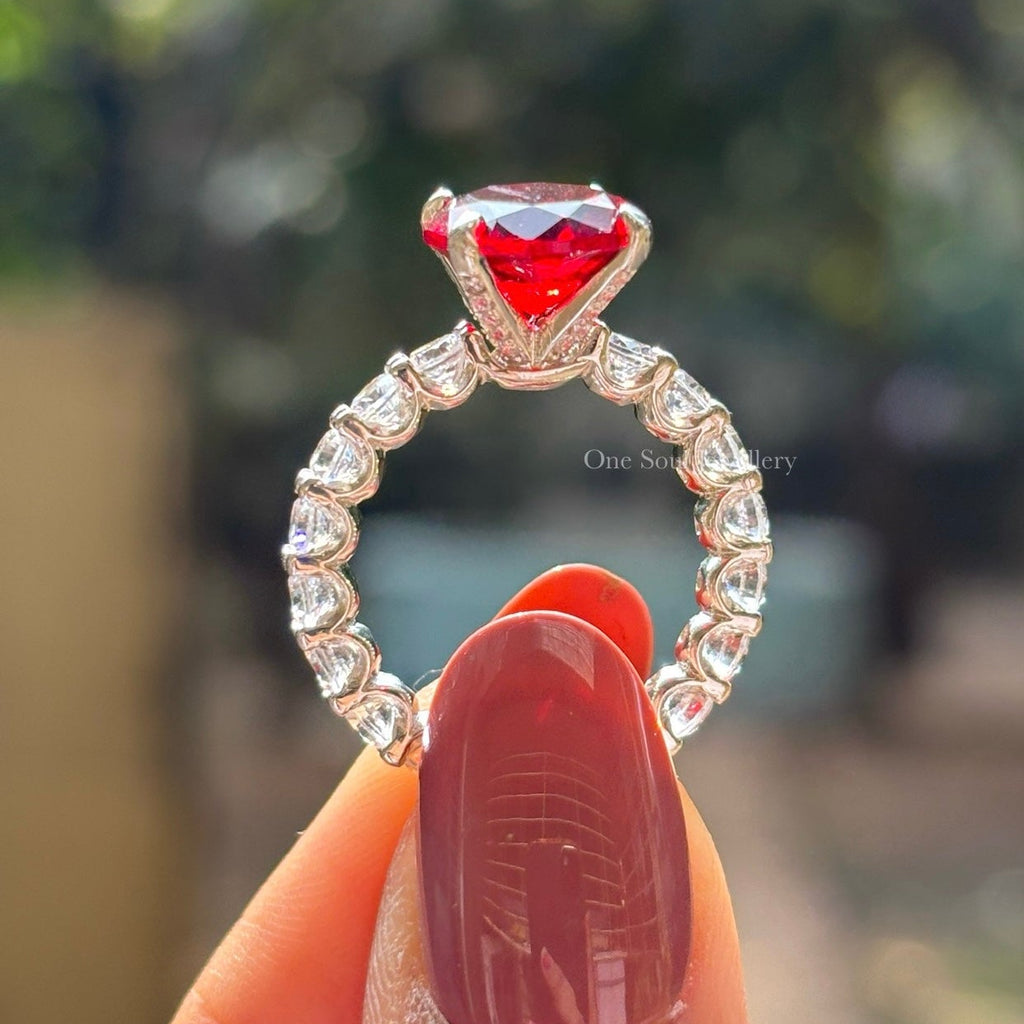 Round Lab Grown Ruby Engagement Ring, Halo Wedding Ring, Solitaire Gemstone Ring, Pave Bubble Band, Ruby Proposal Ring, Ring for Her