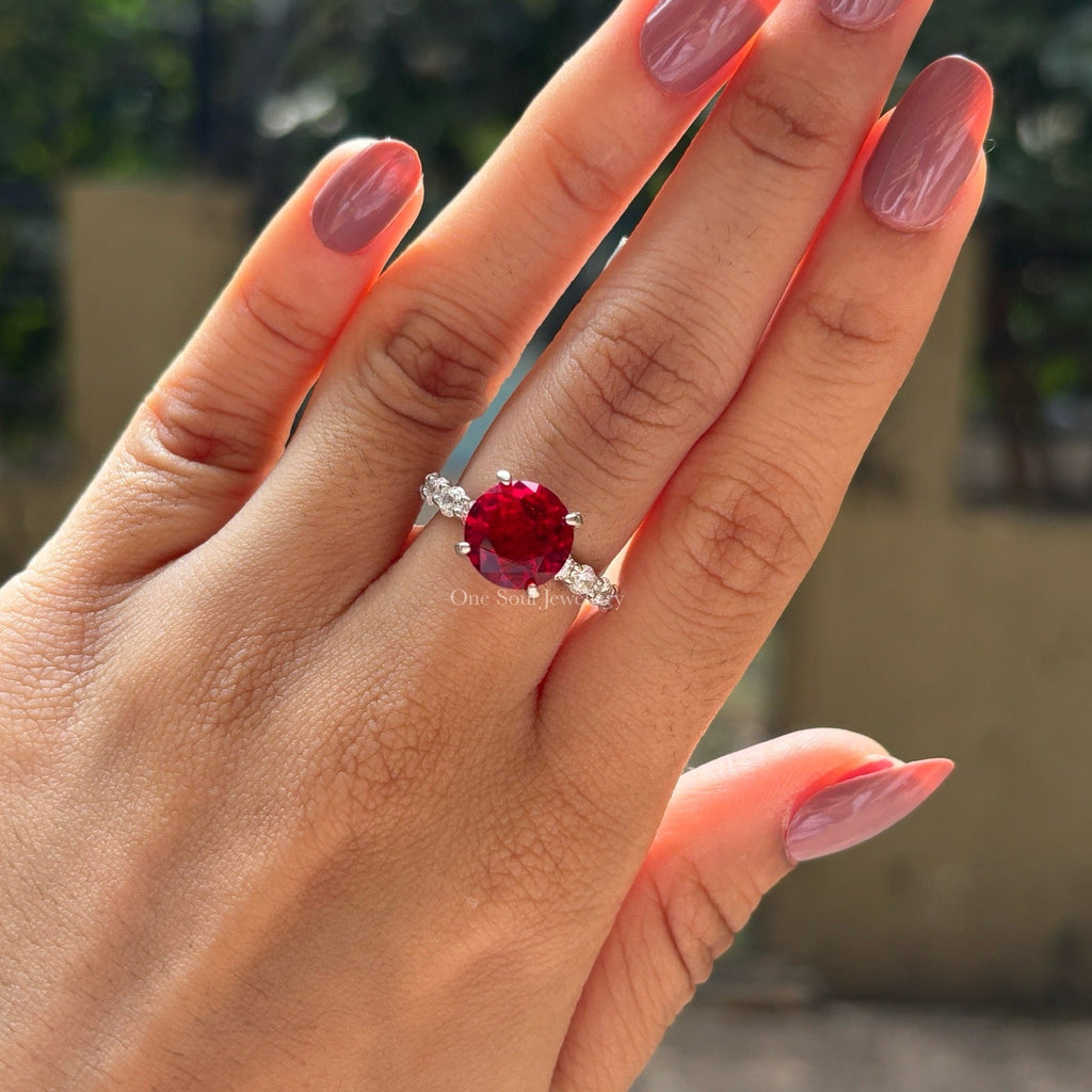 Round Lab Grown Ruby Engagement Ring, Halo Wedding Ring, Solitaire Gemstone Ring, Pave Bubble Band, Ruby Proposal Ring, Ring for Her