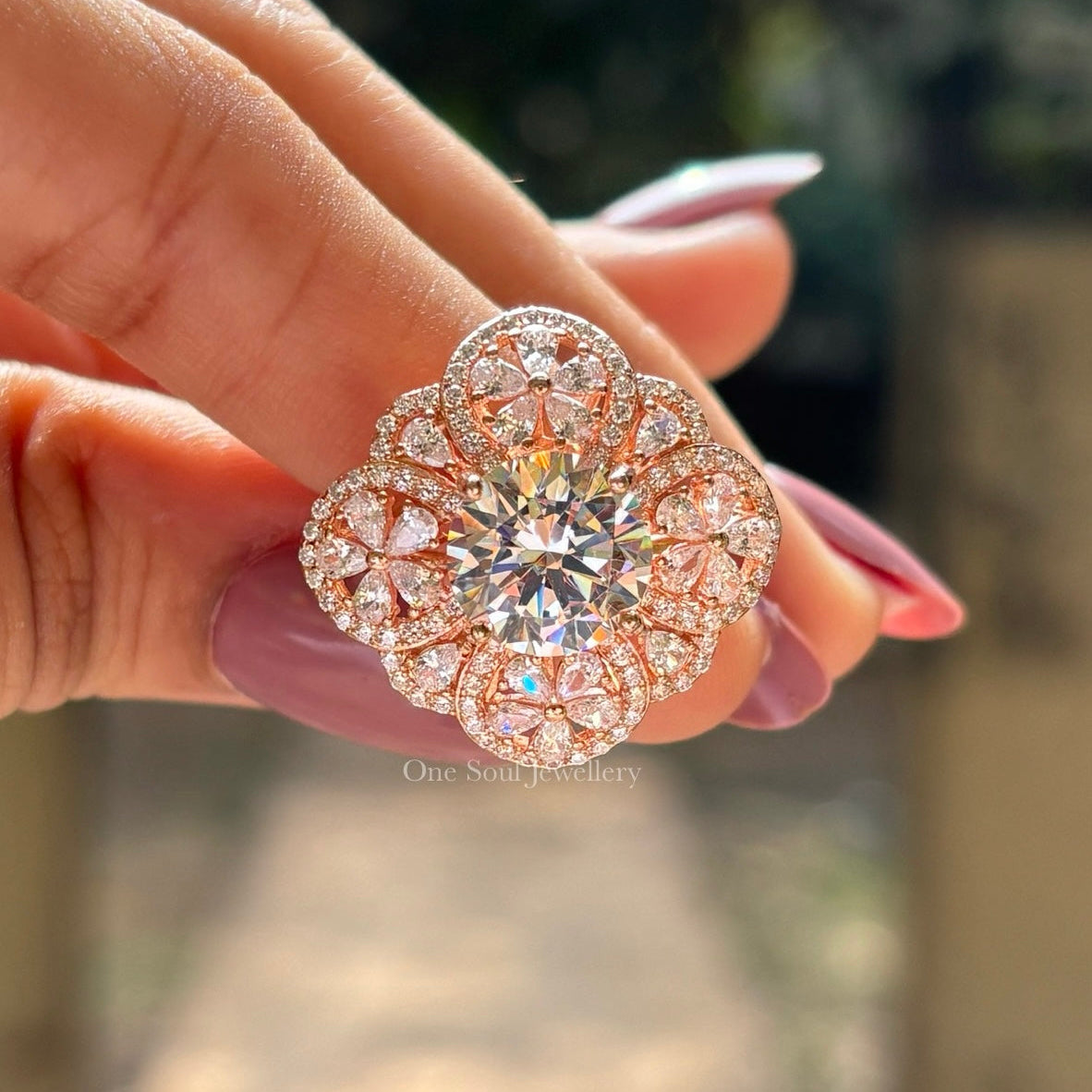 Round Moissanite Flower Engagement Ring, Floral Halo Wedding Ring, Cluster Bridal Ring, Rose Gold Promise Ring, Anniversary Gift for Her