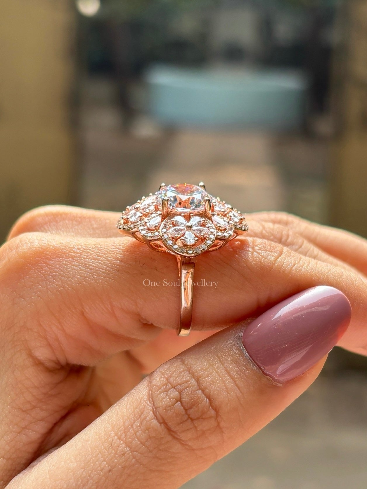 Round Moissanite Flower Engagement Ring, Floral Halo Wedding Ring, Cluster Bridal Ring, Rose Gold Promise Ring, Anniversary Gift for Her