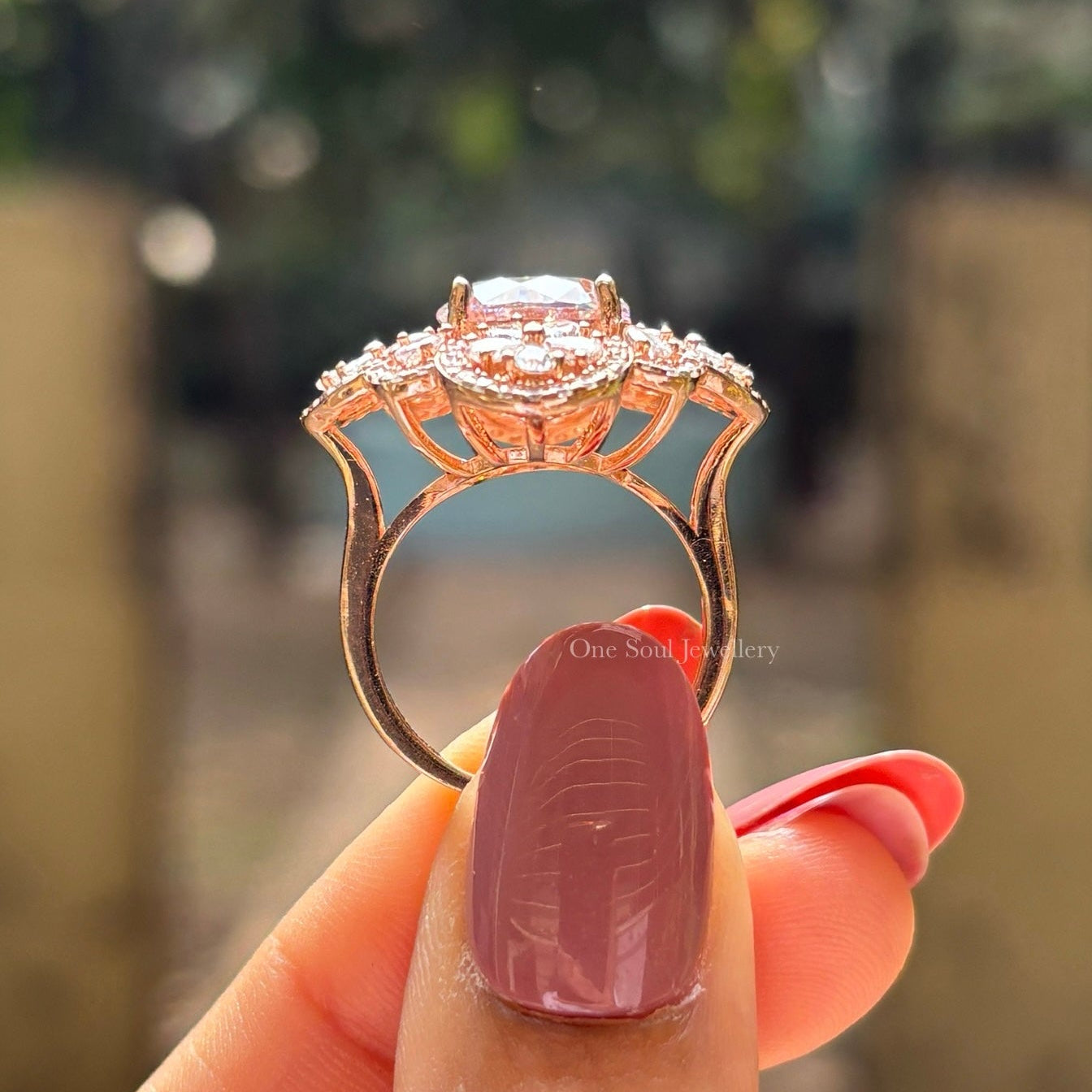 Round Moissanite Flower Engagement Ring, Floral Halo Wedding Ring, Cluster Bridal Ring, Rose Gold Promise Ring, Anniversary Gift for Her
