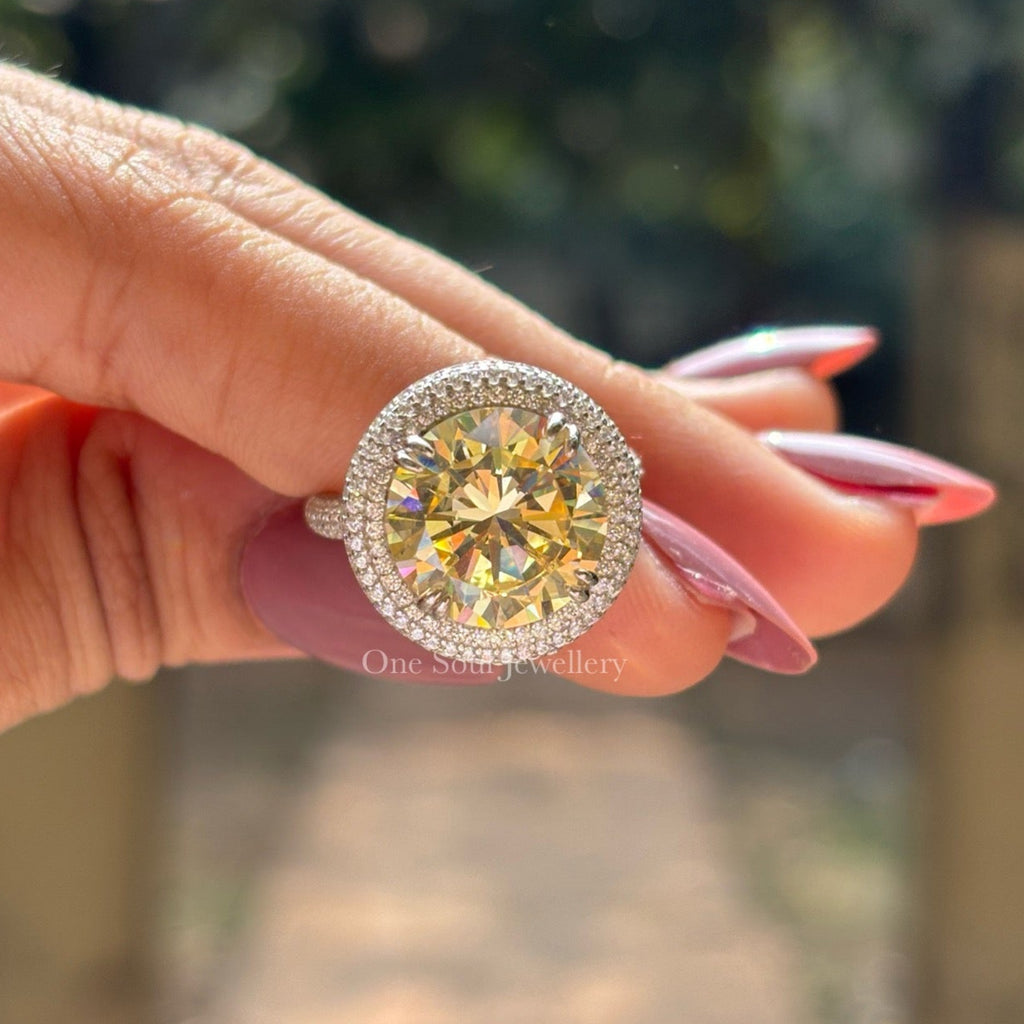6.00 Round Cut Yellow Moissanite Ring, Halo Engagement Ring, Vintage Style Ring, Solitaire Wedding Ring, Hidden Halo Pave Band, Bridal Ring