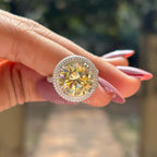 6.00 Round Cut Yellow Moissanite Ring, Halo Engagement Ring, Vintage Style Ring, Solitaire Wedding Ring, Hidden Halo Pave Band, Bridal Ring