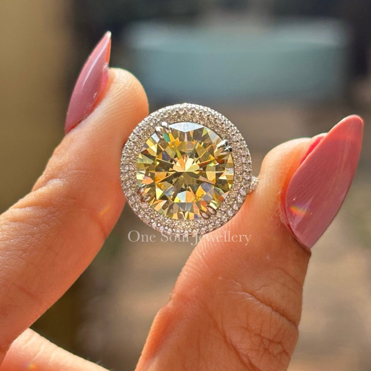 6.00 Round Cut Yellow Moissanite Ring, Halo Engagement Ring, Vintage Style Ring, Solitaire Wedding Ring, Hidden Halo Pave Band, Bridal Ring