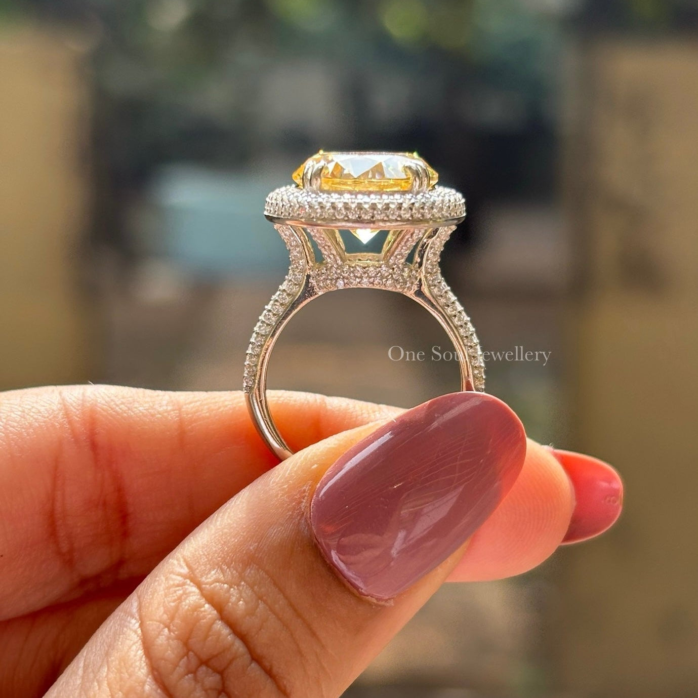 6.00 Round Cut Yellow Moissanite Ring, Halo Engagement Ring, Vintage Style Ring, Solitaire Wedding Ring, Hidden Halo Pave Band, Bridal Ring