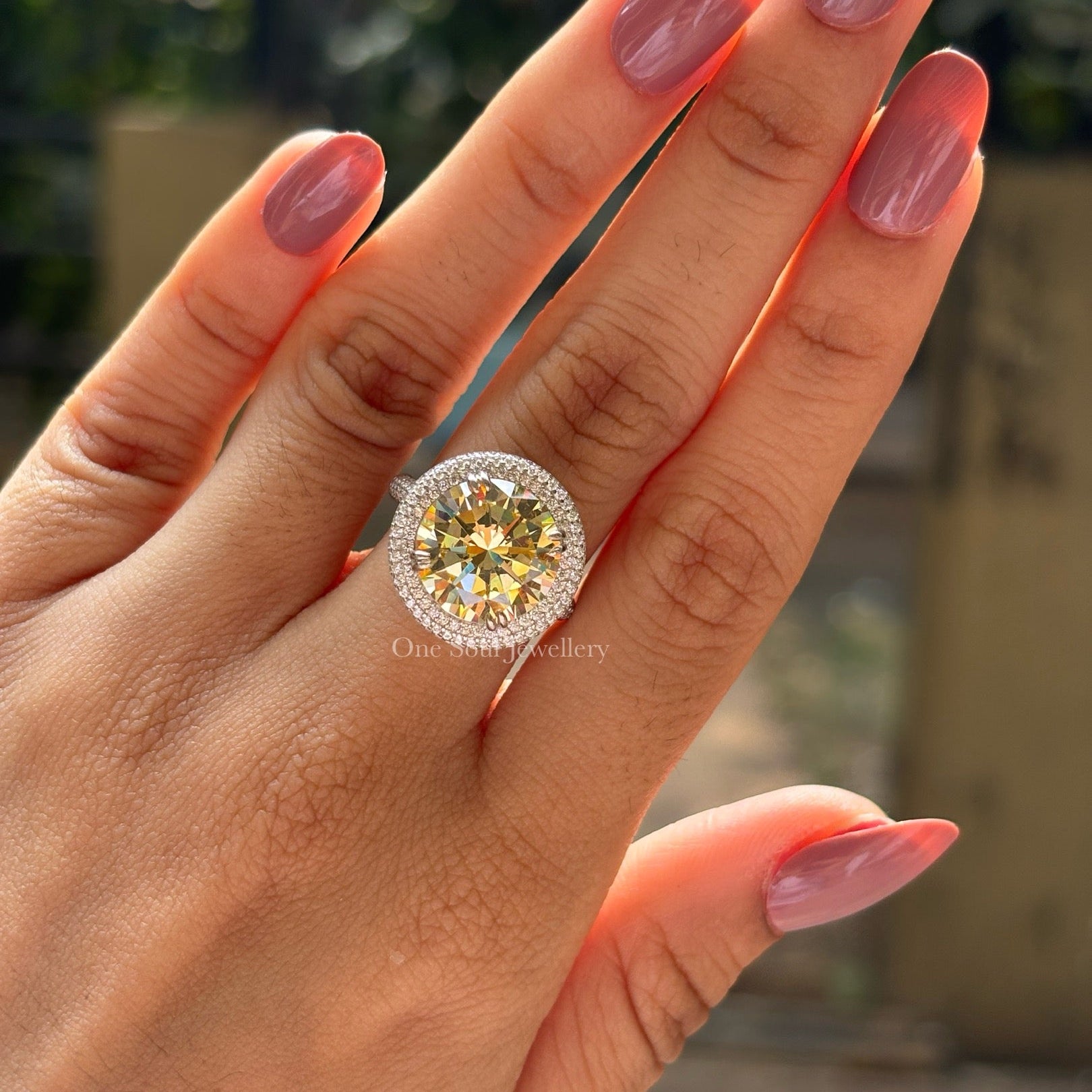 6.00 Round Cut Yellow Moissanite Ring, Halo Engagement Ring, Vintage Style Ring, Solitaire Wedding Ring, Hidden Halo Pave Band, Bridal Ring