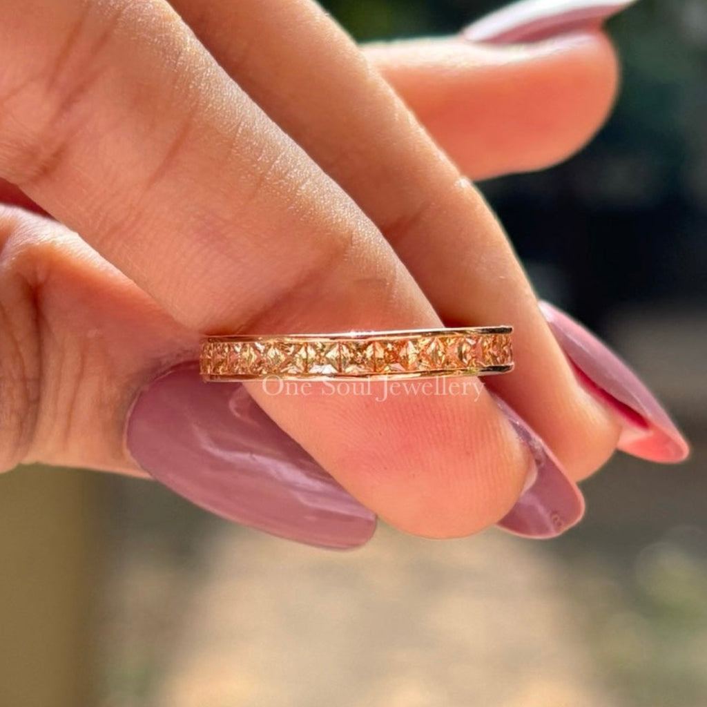 Champagne Princess Moissanite Wedding Band, Channel Set Full Eternity Ring, Stacking Bridal Band, Anniversary Gift for Her