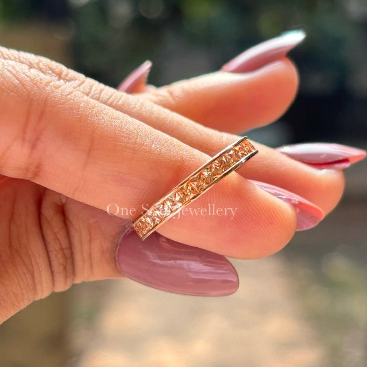 Champagne Princess Moissanite Wedding Band, Channel Set Full Eternity Ring, Stacking Bridal Band, Anniversary Gift for Her