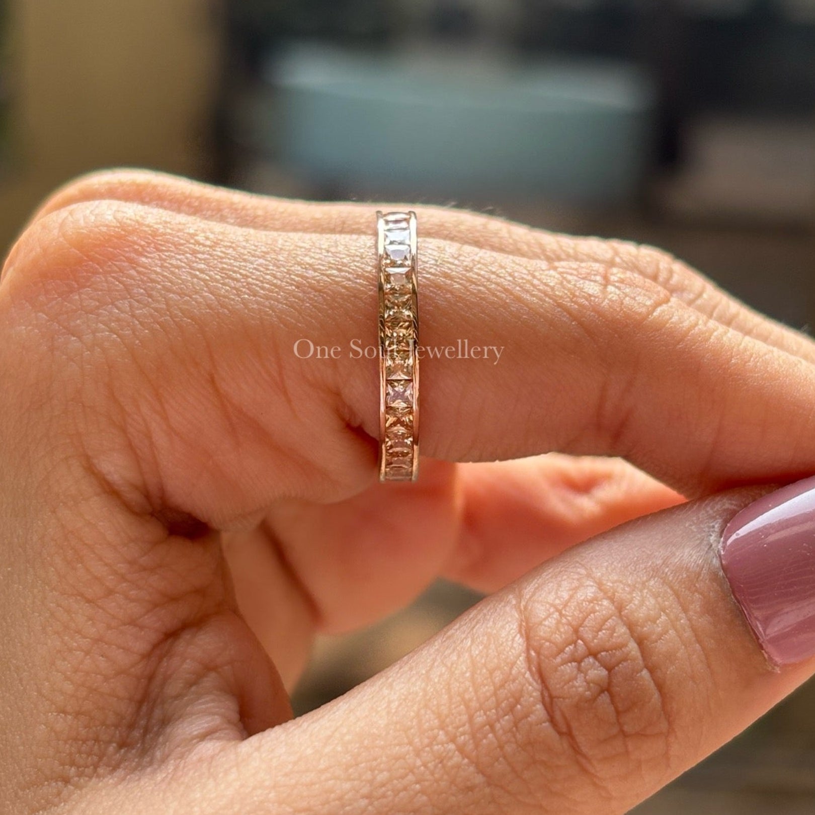 Champagne Princess Moissanite Wedding Band, Channel Set Full Eternity Ring, Stacking Bridal Band, Anniversary Gift for Her