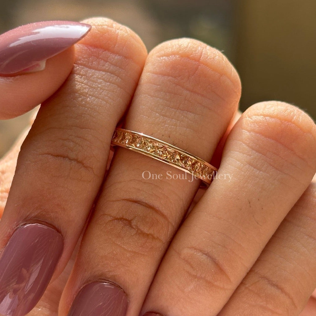 Champagne Princess Moissanite Wedding Band, Channel Set Full Eternity Ring, Stacking Bridal Band, Anniversary Gift for Her