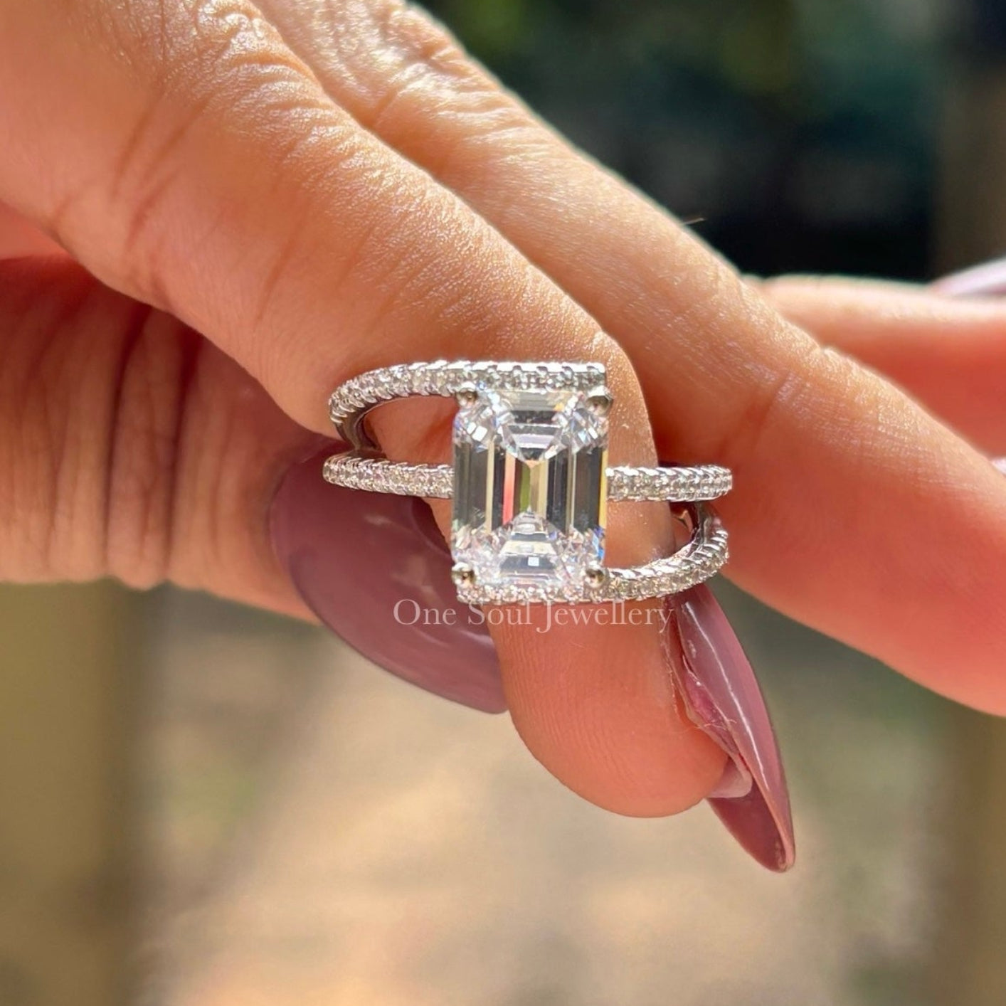 2.50 CT Emerald Cut Moissanite Engagement Ring, Split Shank Ring, Emerald Cut Wedding Ring, Vintage Double Shank White Gold Ring