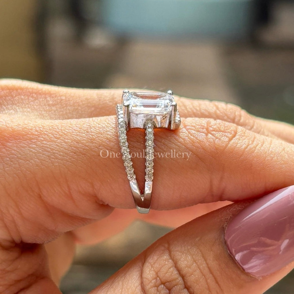 2.50 CT Emerald Cut Moissanite Engagement Ring, Split Shank Ring, Emerald Cut Wedding Ring, Vintage Double Shank White Gold Ring