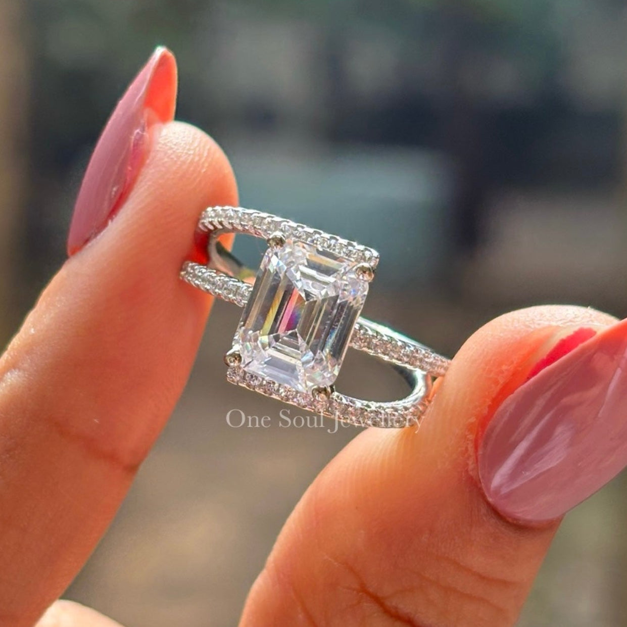 2.50 CT Emerald Cut Moissanite Engagement Ring, Split Shank Ring, Emerald Cut Wedding Ring, Vintage Double Shank White Gold Ring