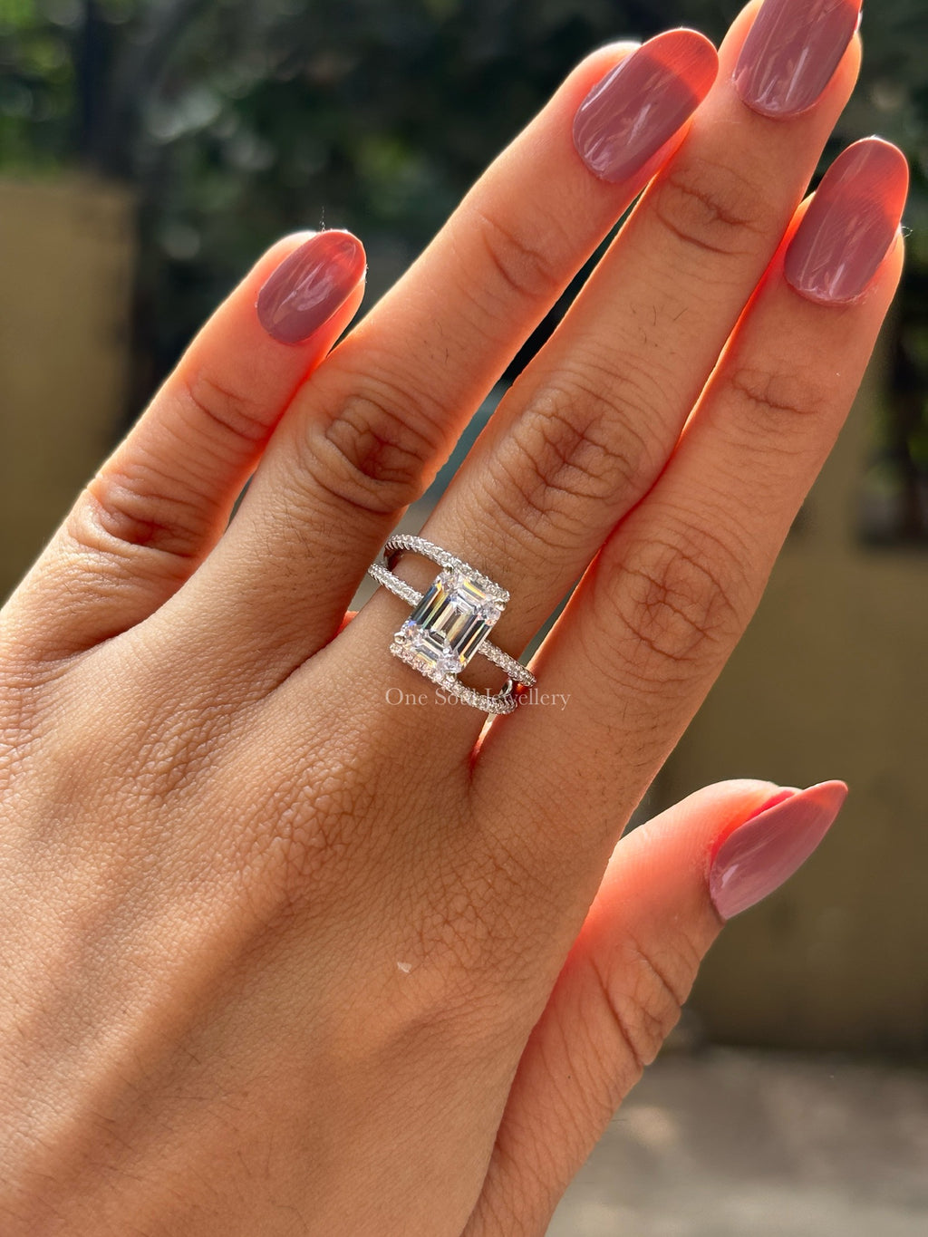 Emerald Cut Moissanite Engagement Ring, Vintage Split Shank Ring, White Gold Ring