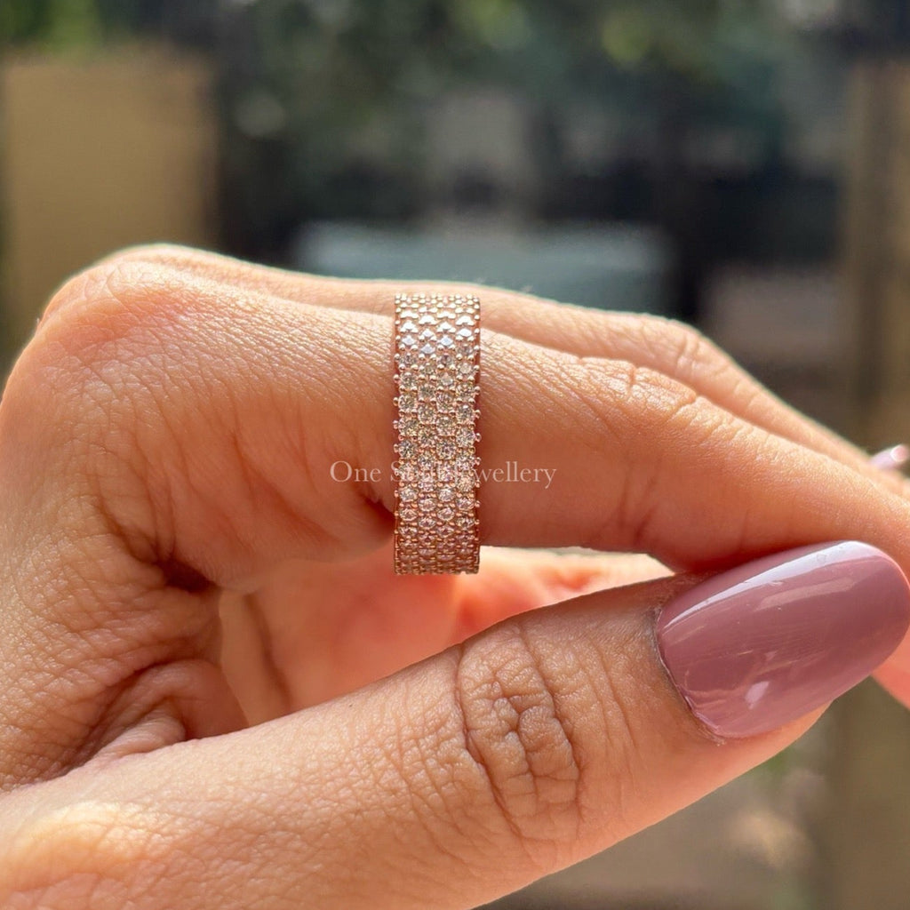 4 Row Pave Moissanite Eternity Band, 14K Solid Gold Band, Diamond Pave Set Wedding Band, Stackable Band, Anniversary Gift for Her